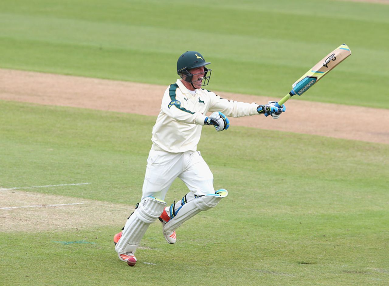 Luke Wood begins to celebrate his maiden first-class hundred, Nottinghamshire v Sussex, County Championship, Division One, Trent Bridge, 1st day, June 1, 2015
