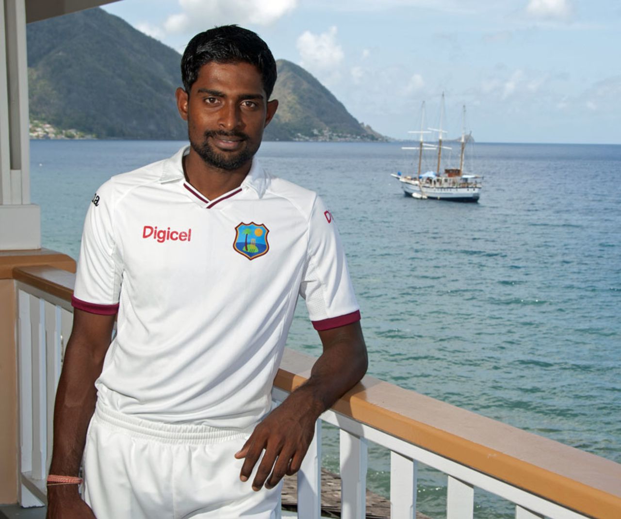 Rajendra Chandrika poses in West Indies colours after a practice session, Australia in West Indies, Roseau, June 1, 2015