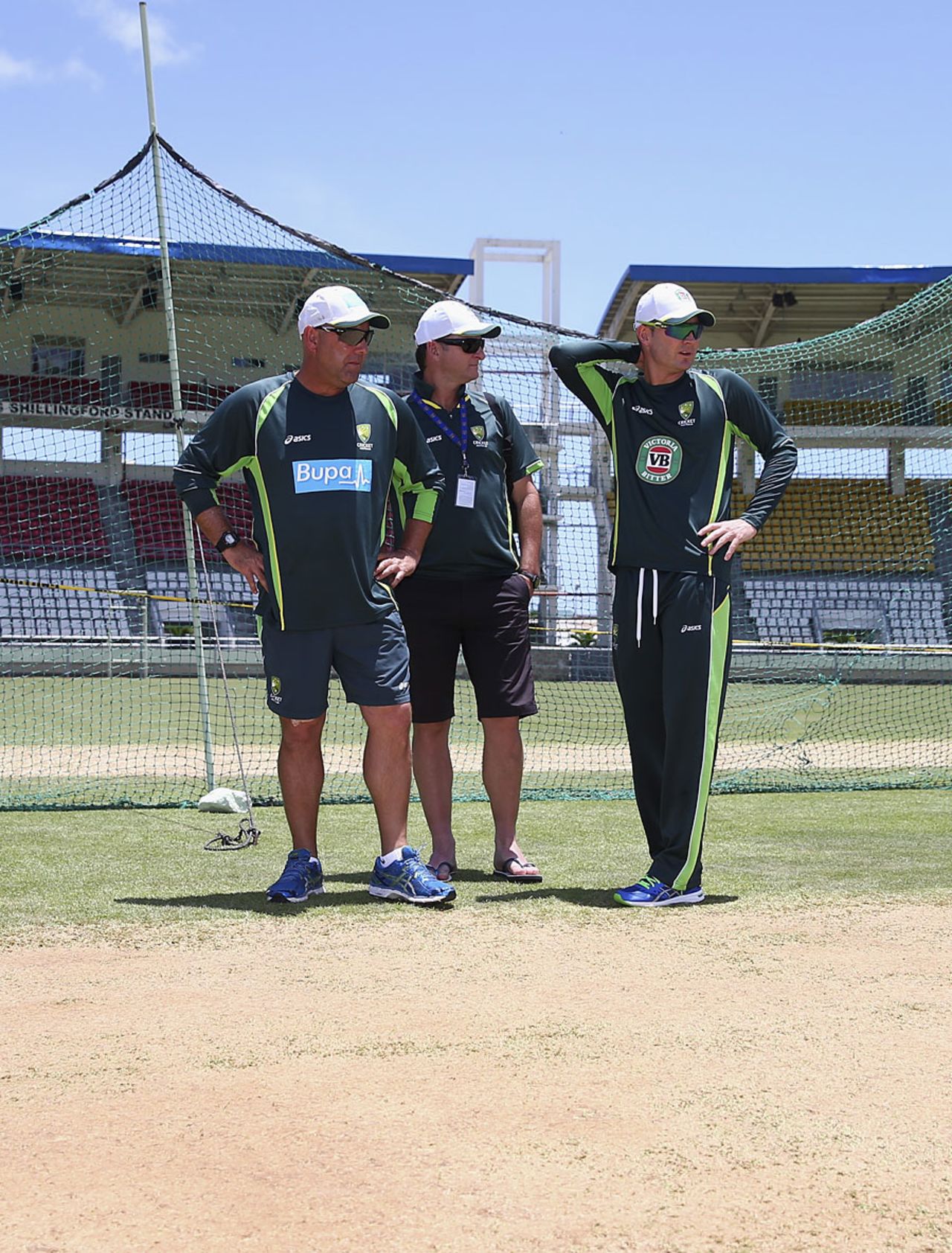 Darren Lehmann, Mark Waugh and Michael Clarke inspect the pitch, Roseau, June 2, 2015