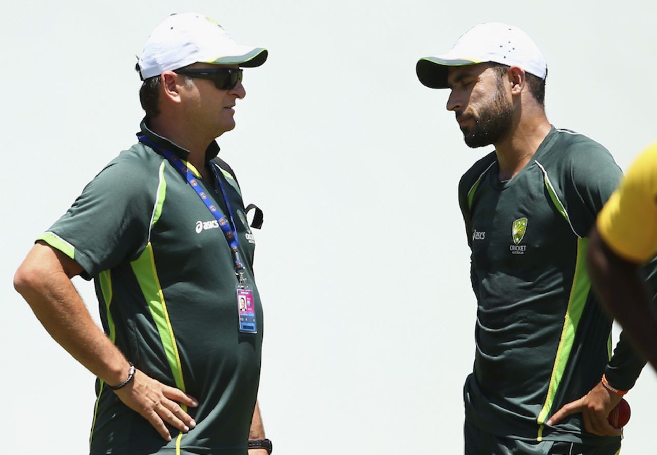 Mark Waugh, the Australia selector, has a word with Fawad Ahmed, Roseau, June 2, 2015