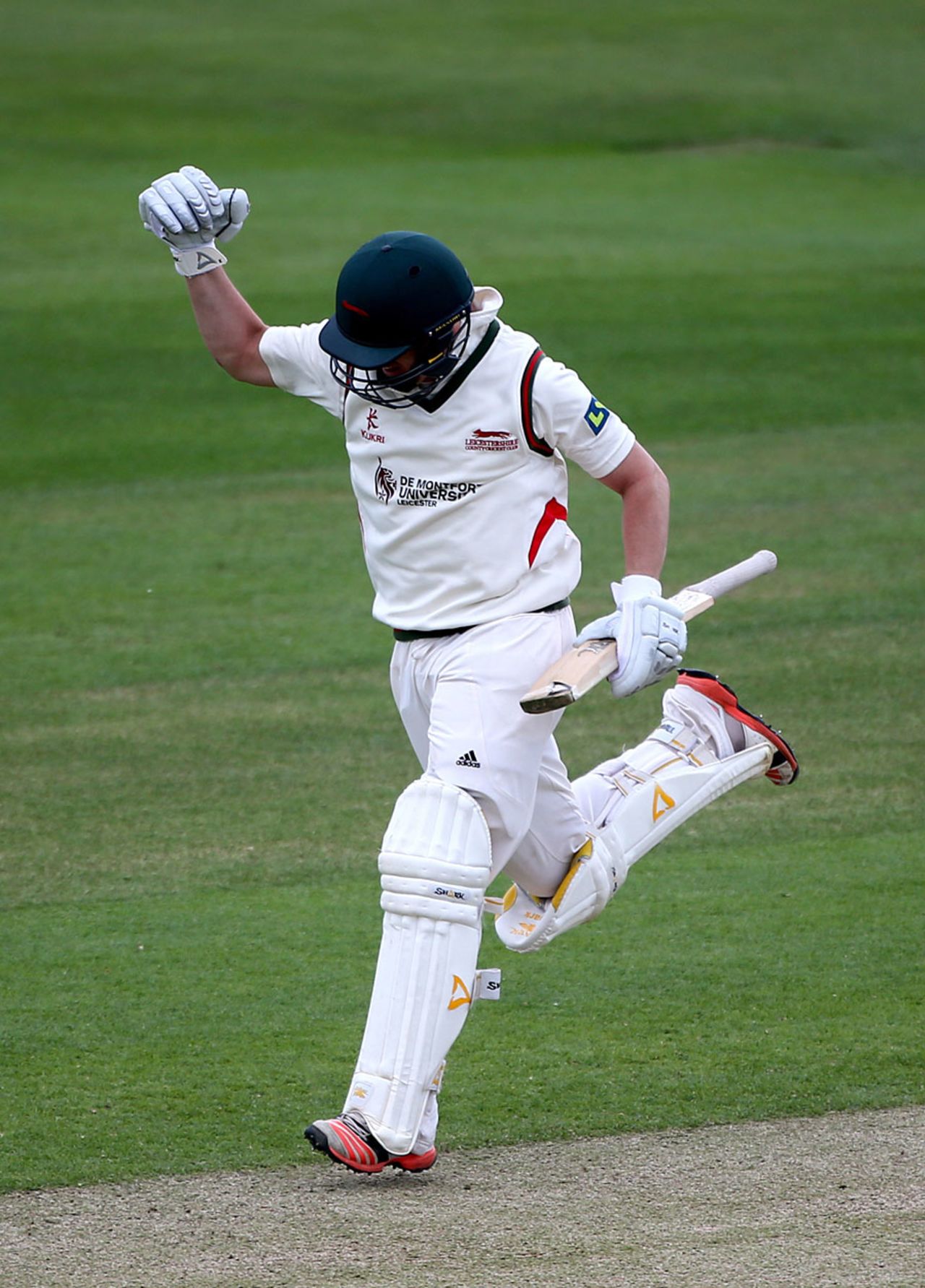 Lewis Hill punches the air as he hits the winnings runs, Essex v Leicestershire, County Championship, Division Two, Chelmsford, 4th day, June 3, 2015