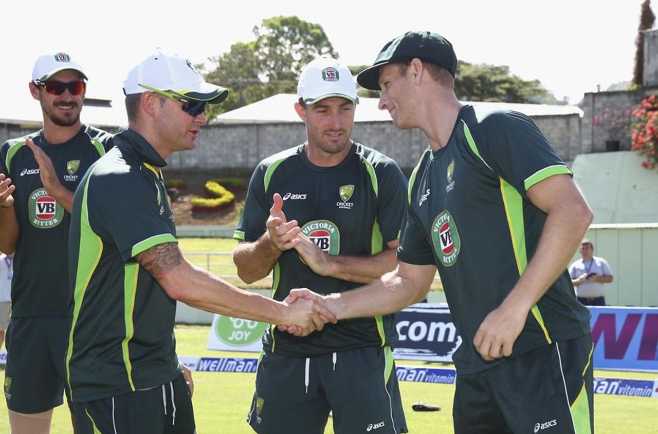 Michael Clarke congratulates Adam Voges on his Test debut, West Indies v Australia, 1st Test, Roseau, 1st day, June 3, 2015
