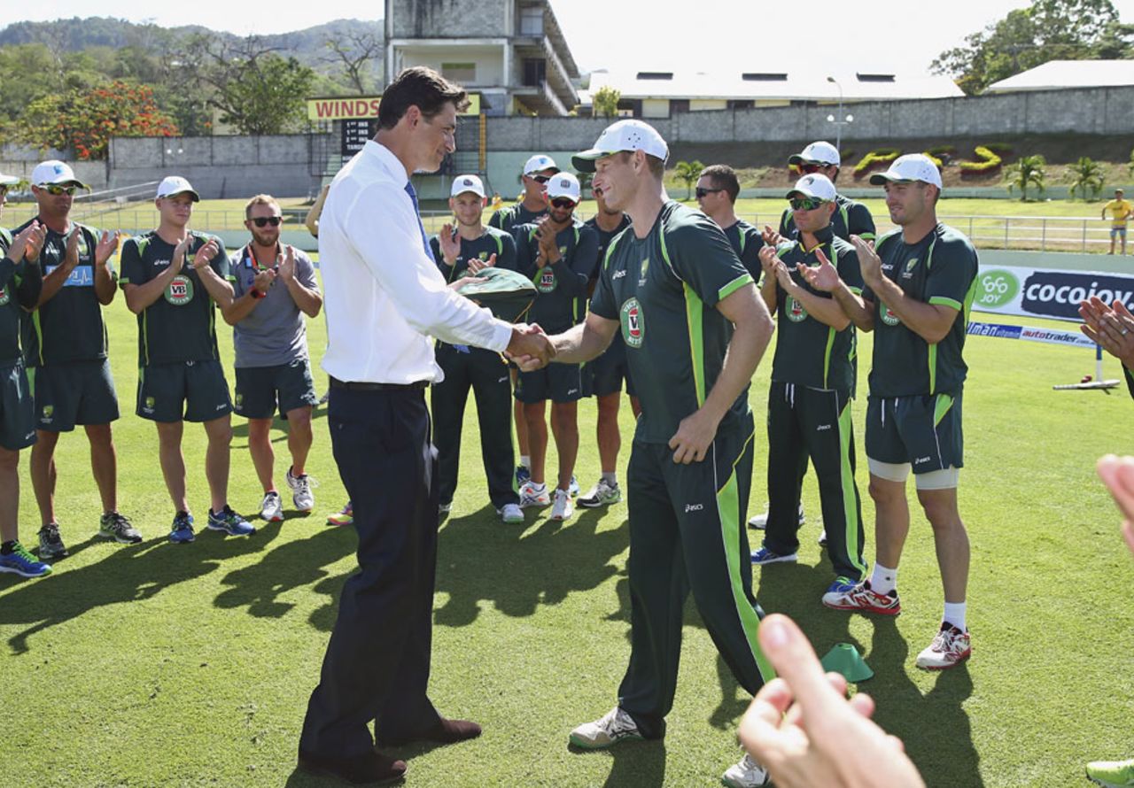 Adam Voges received his Baggy Green, before his Test debut, West Indies v Australia, 1st Test, 1st day, Roseau, June 3, 2015