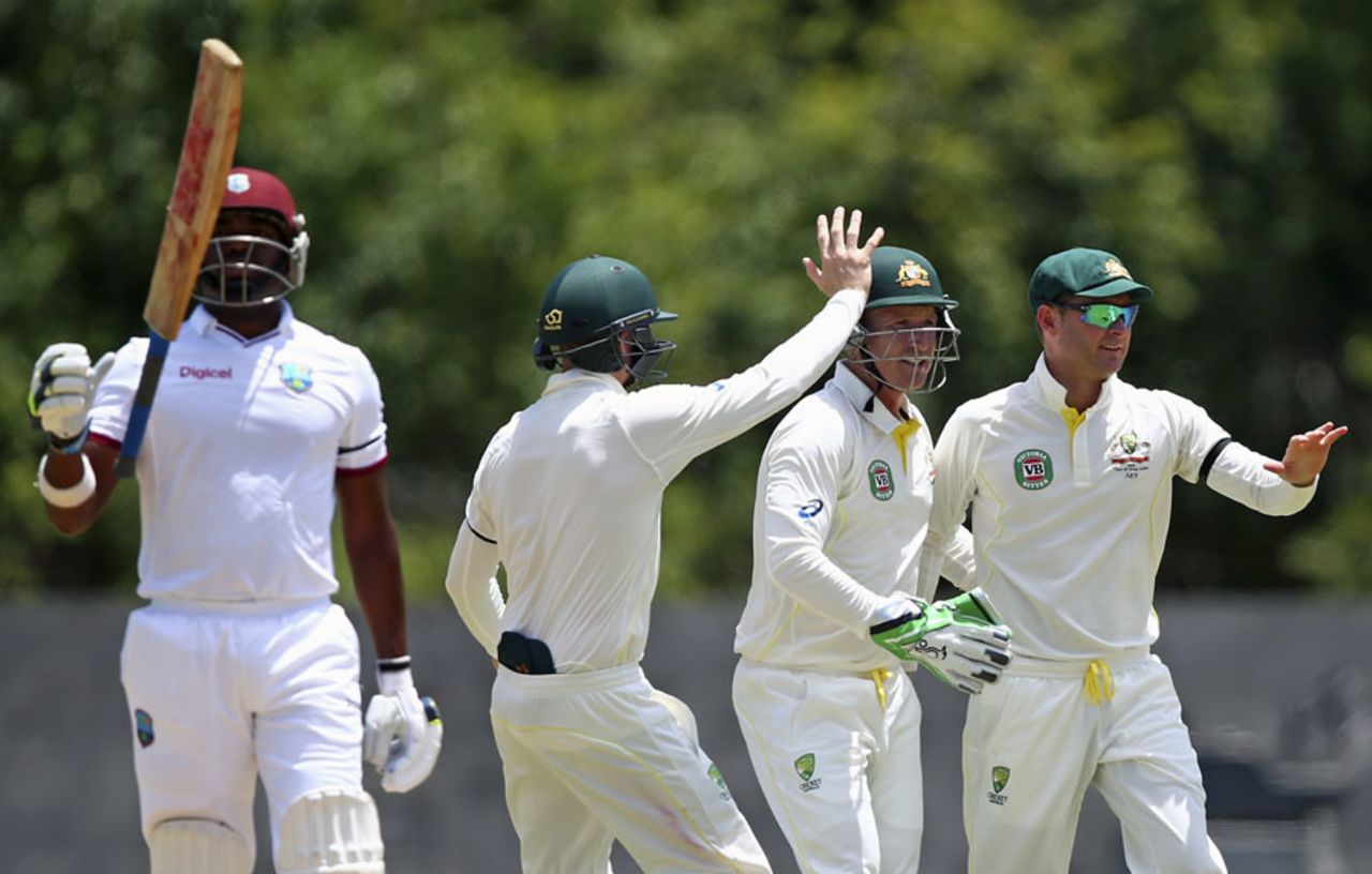 Michael Clarke held on to a sharp catch at slip to dismiss Darren Bravo, West Indies v Australia, 1st Test, 1st day, Roseau, June 3, 2015