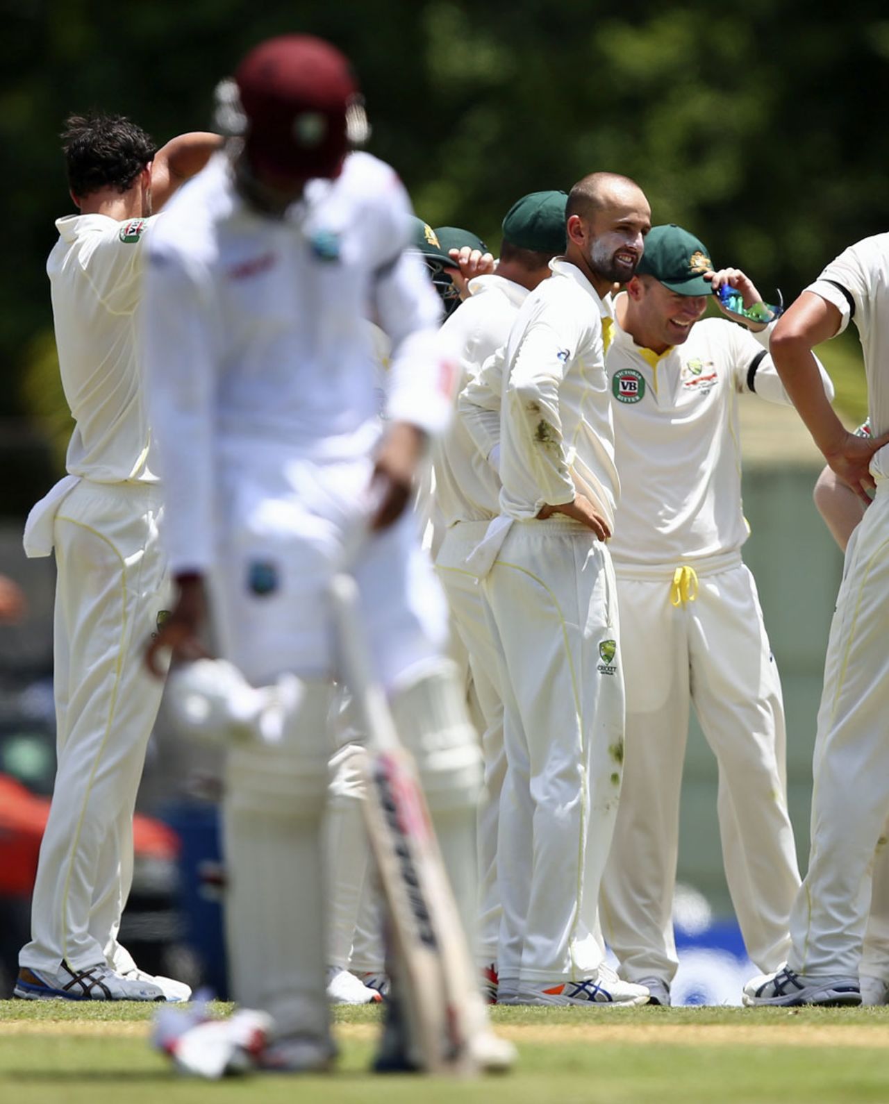 Nathan Lyon celebrates the wicket of Darren Bravo, West Indies v Australia, 1st Test, 1st day, Roseau, June 3, 2015