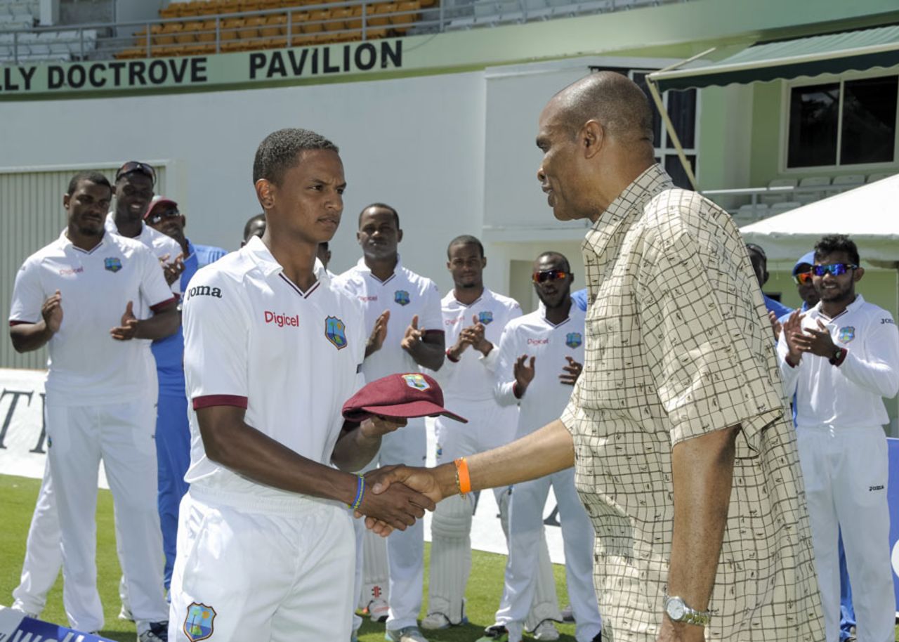 Shane Dowrich gets his Test cap from Norbert Phillip, West Indies v Australia, 1st Test, 1st day, Roseau, June 3, 2015