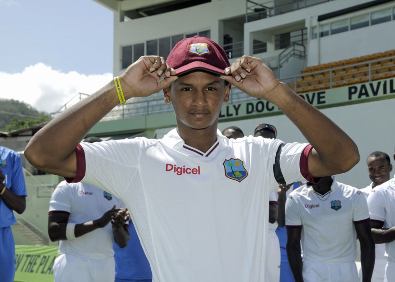 Shane Dowrich poses with his Test cap before the start of the game, West Indies v Australia, 1st Test, 1st day, Roseau, June 3, 2015