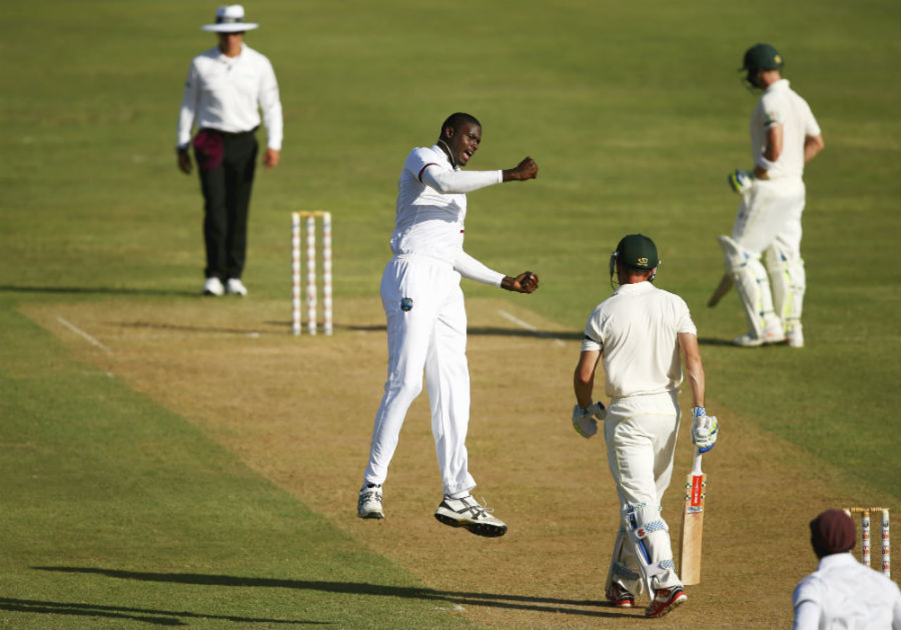 Jason Holder exults after dismissing Shaun Marsh, West Indies v Australia, 1st Test, 1st day, Roseau, June 3, 2015