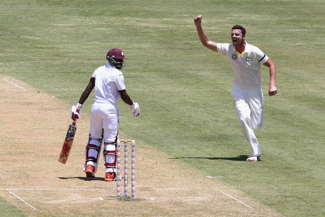 Josh Hazlewood celebrates after dismissing Jermaine Blackwood, West Indies v Australia, 1st Test, 1st day, Roseau, June 3, 2015