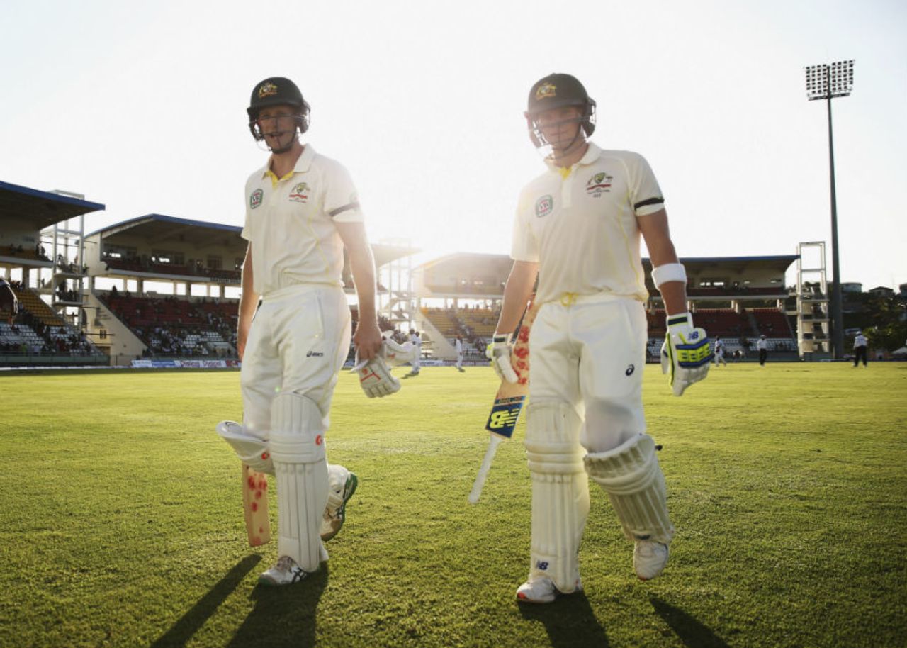 Adam Voges and Steven Smith walk back at stumps on the first day, West Indies v Australia, 1st Test, 1st day, Roseau, June 3, 2015