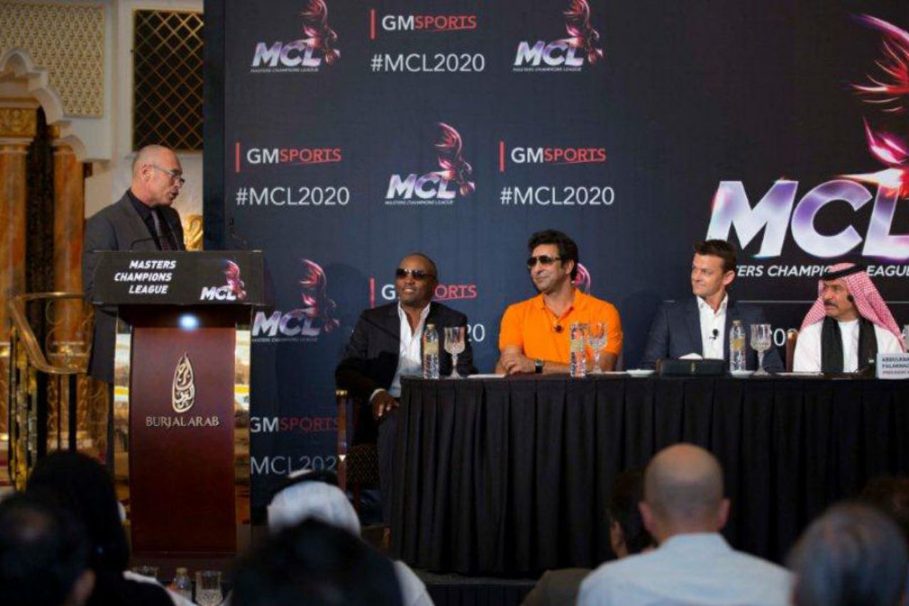 Danny Morrison, Brian Lara, Wasim Akram and Adam Gilchrist at the launch of the Masters Cricket League, Dubai, June 3, 2015