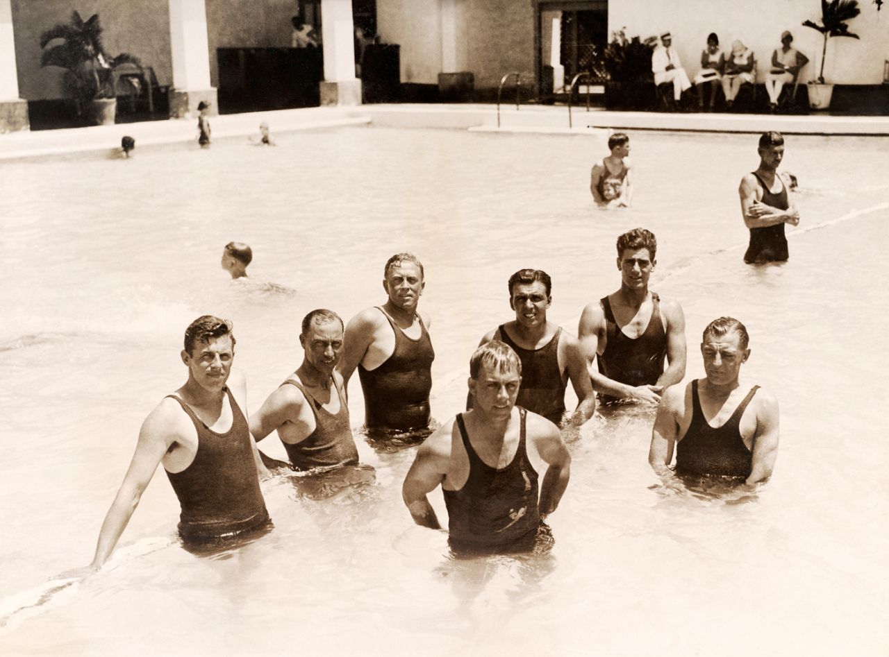 Members of the England team pose for a photograph in a hotel pool (in a snapshot from the album of Kent and England wicketkeeper Les Ames). Andrew Sandham is second from left; Bob Wyatt foreground, centre; and Ames rear, third from right, circa January 1930