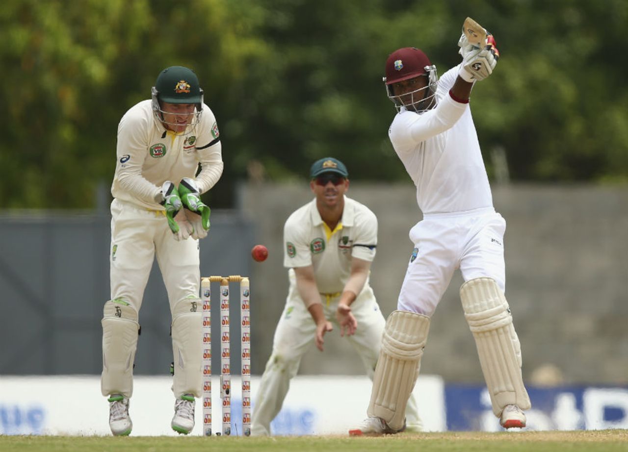 Marlon Samuels drives down the ground, West Indies v Australia, 1st Test, Roseau, 3rd day, June 5, 2015