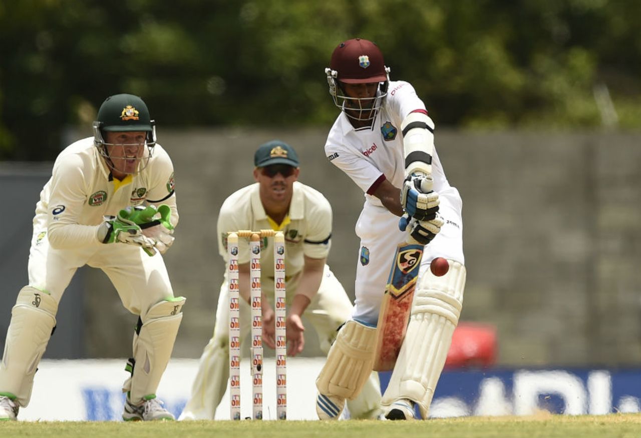 Shane Dowrich defends the ball, West Indies v Australia, 1st Test, Roseau, 3rd day, June 5, 2015