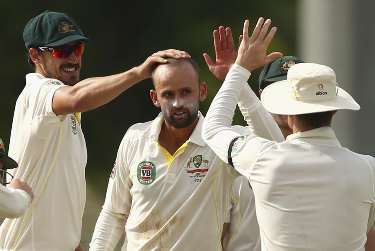 Nathan Lyon celebrates a wicket, West Indies v Australia, 1st Test, Roseau, 3rd day, June 5, 2015