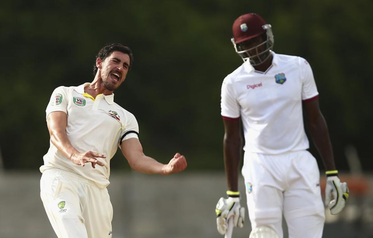 Mitchell Starc finished with 4 for 28, West Indies v Australia, 1st Test, Roseau, 3rd day, June 5, 2015