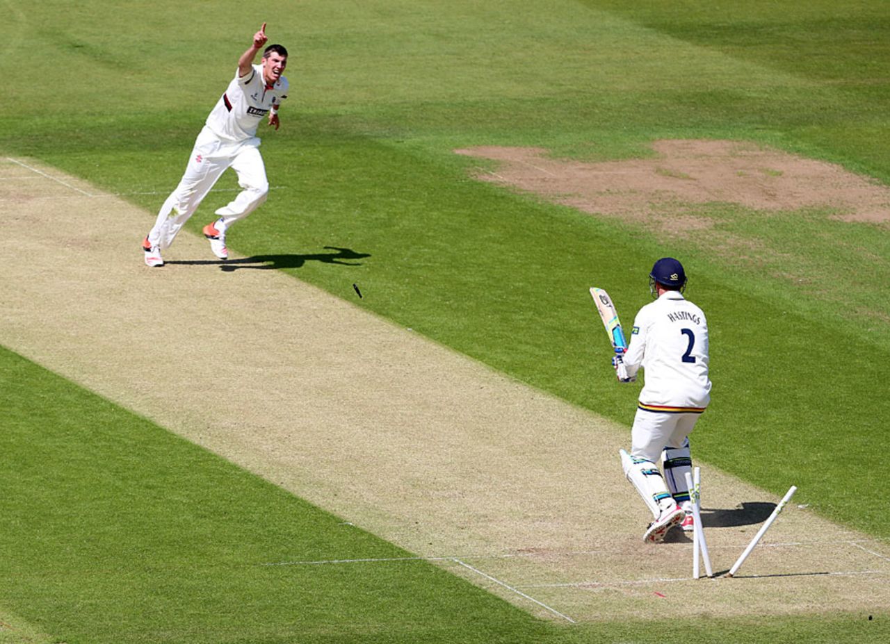 Craig Overton cleaned up John Hastings among his four wickets, Durham v Somerset, County Championship, Division One, Chester-le-Street, 1st day, June 7, 2015