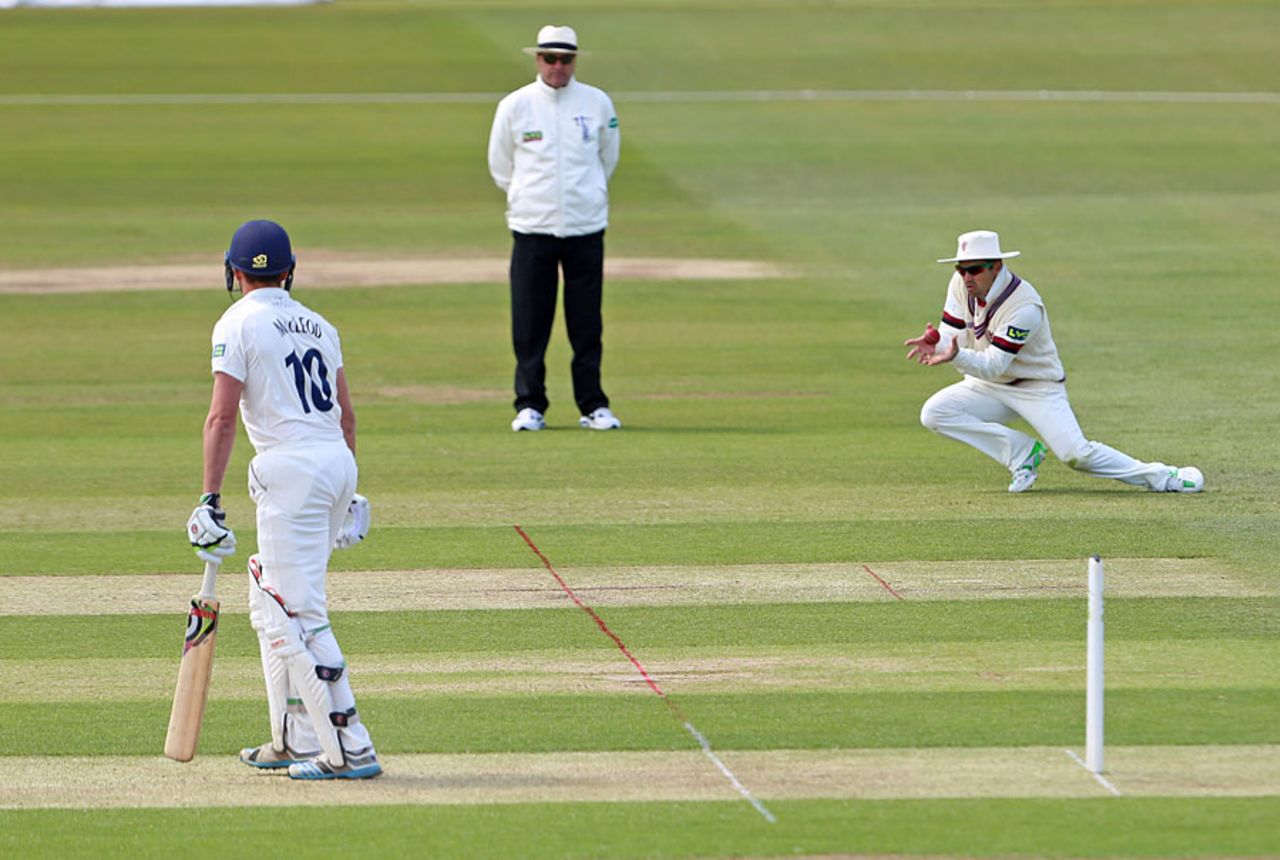 Johann Myburgh takes the catch to remove Calum MacLeod, Durham v Somerset, County Championship, Division One, Chester-le-Street, 1st day, June 7, 2015