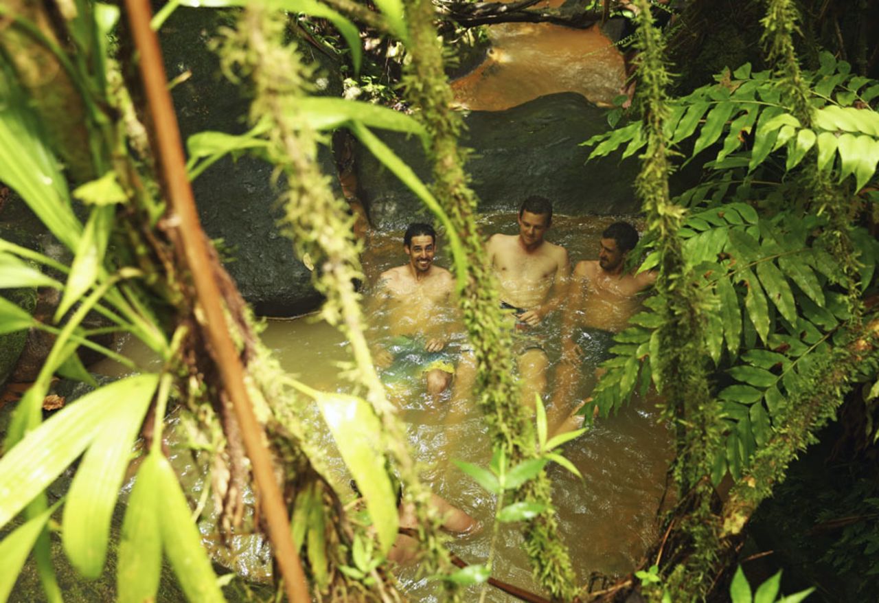 Mitchell Johnson, Josh Hazlewood and Mitchell Starc relax on a visit to the Trafalgar Falls, Dominica, June 7, 2015
