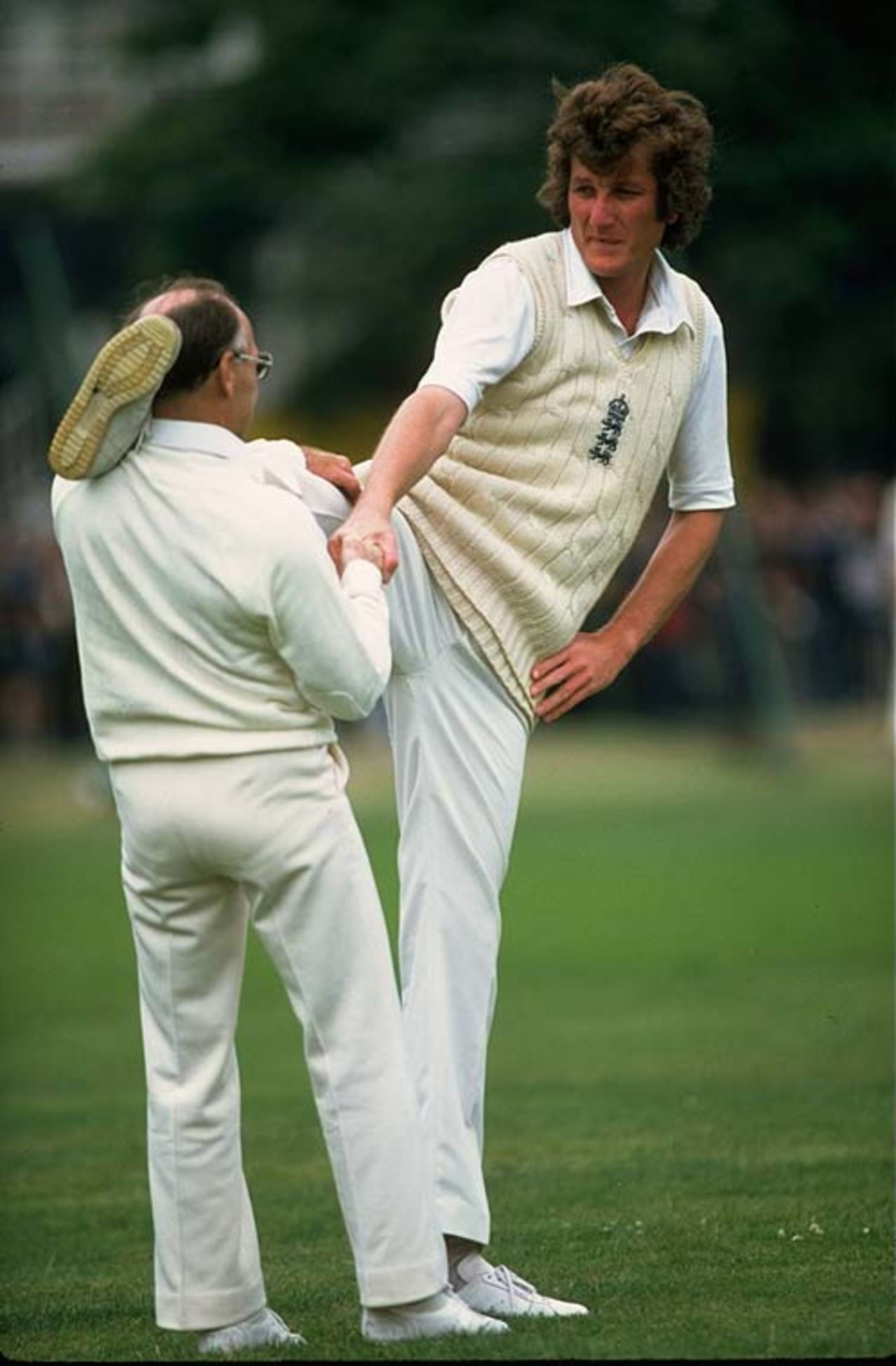Bob Willis stretches with physio Bernard Thomas ahead of the Centenary Test, England v Australia, Lord's, August 1980