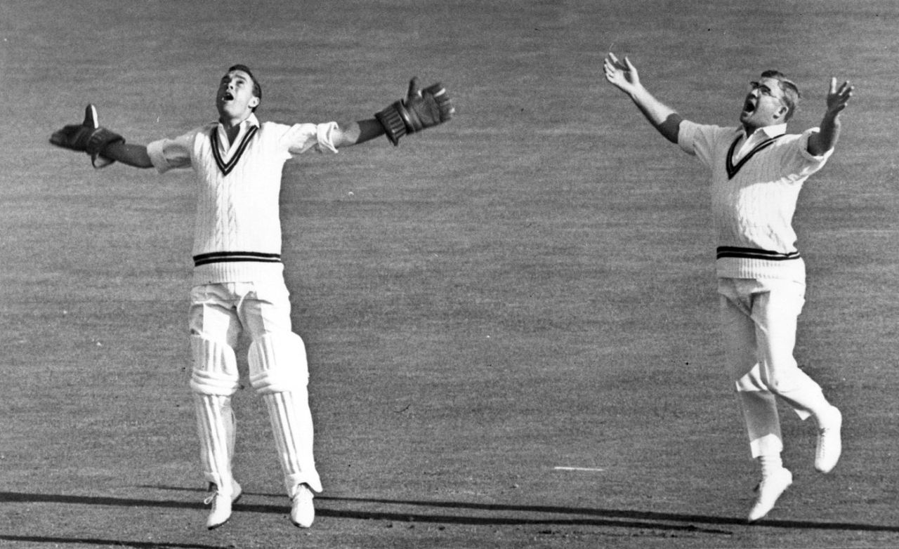 Wicketkeeper Denis Lindsay and Eddie Barlow celebrate Bob Barber being caught behind for 1, England v South Africa, 2nd Test, Trent Bridge, 3rd day, August 7, 1965