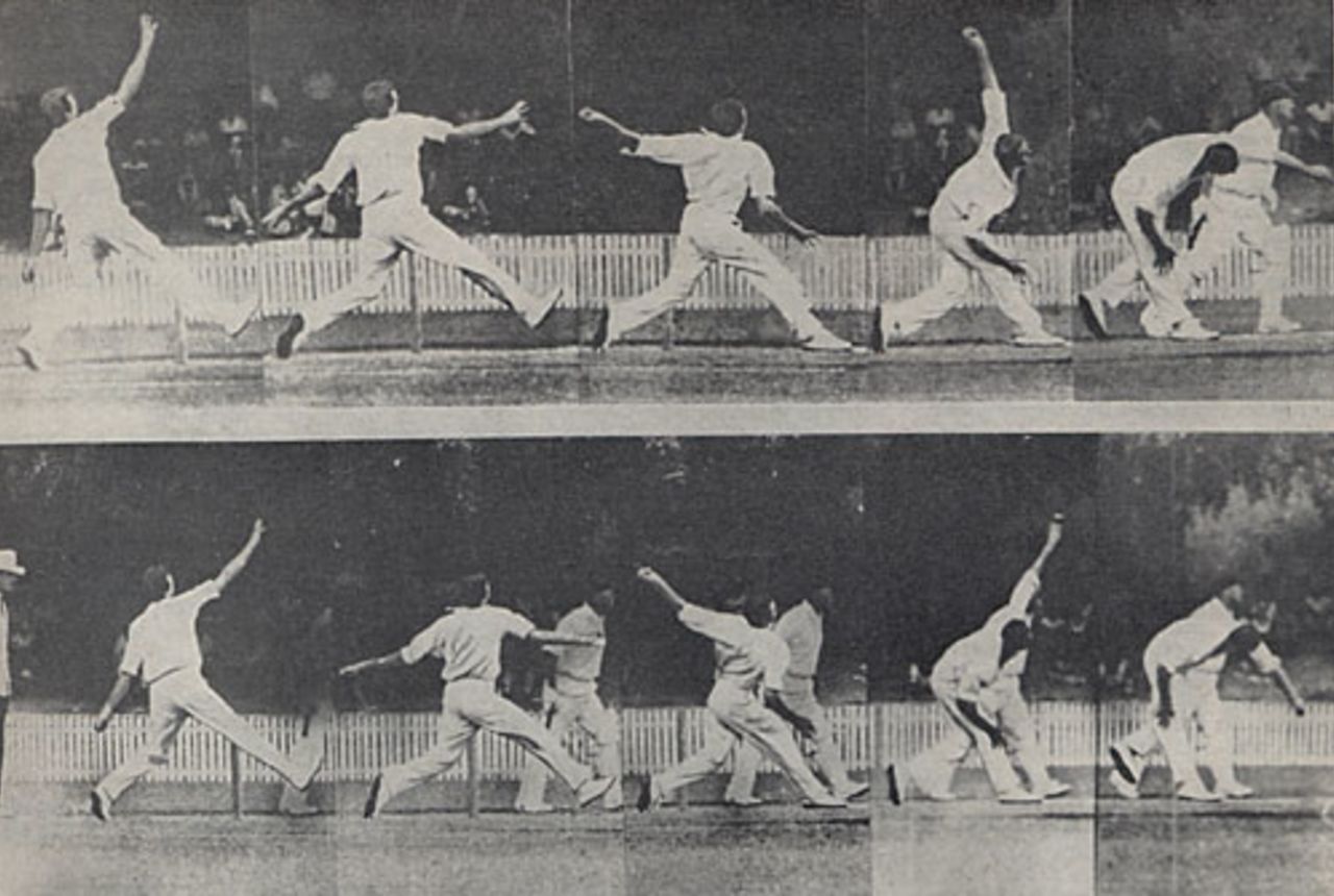 These magic eye pictures are now part of cricket history. In the top strip, Meckiff is bowling the third ball of his only over-his last in first class cricket-during the First Test at Brisbane. His arm bends then straightens again at the top of the arc and in the follow through. This was ruled a 'no-ball'. For Meckiff's next ball (bottom strip) he approaches the crease in virtually identical style. In the third picture his arm is bent but straightens out again for delivery. This time Meckiffs action was passed as legitimate