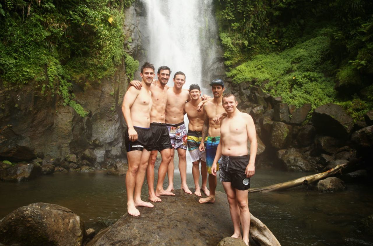 Mitchell Marsh, Mitchell Starc, Josh Hazlewood, Shane Watson, Mitchell Johnson and  Peter Siddle pose at Trafalgar Falls, Dominica, June 7, 2015