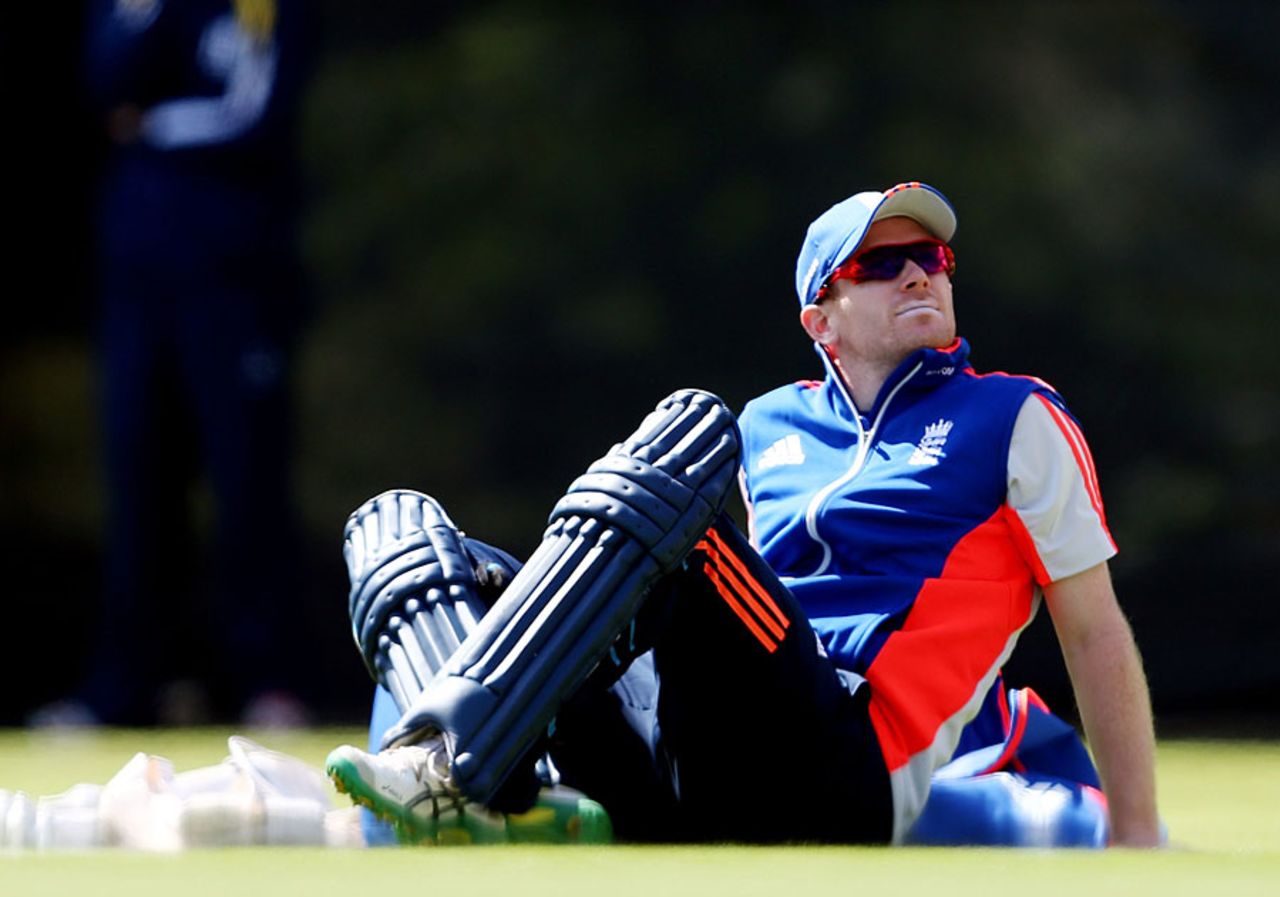 Eoin Morgan takes a breather during England's net session, Edgbaston, June 8, 2015