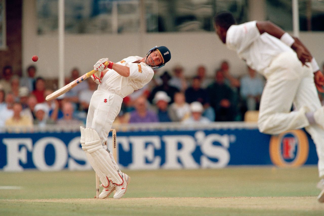 Robin Smith avoids a short ball from Ian Bishop, England v West Indies, third Test, Birmingham, July 6, 1995