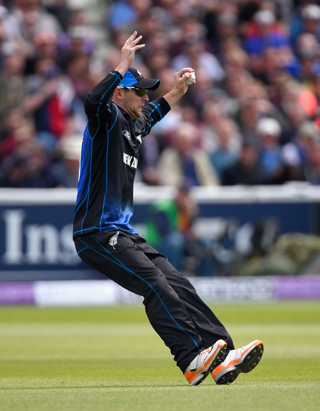 Matt Henry stumbles back after taking the catch to remove Alex Hales, England v New Zealand, 1st ODI, Edgbaston, June 9, 2015