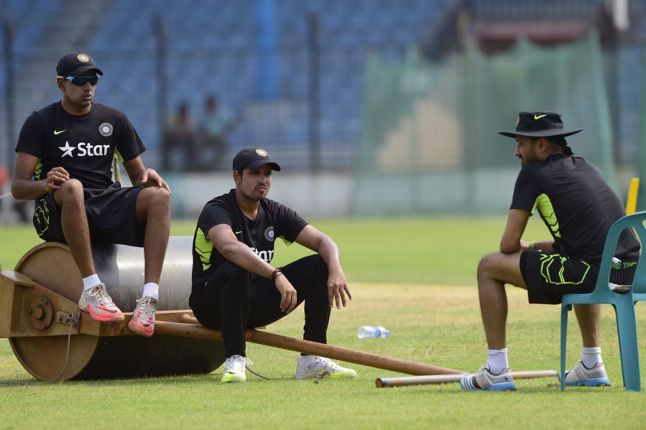Who makes the cut?: Harbhajan Singh, Karn Sharma and R Ashwin during a nets session, Fatullah, June 9, 2015