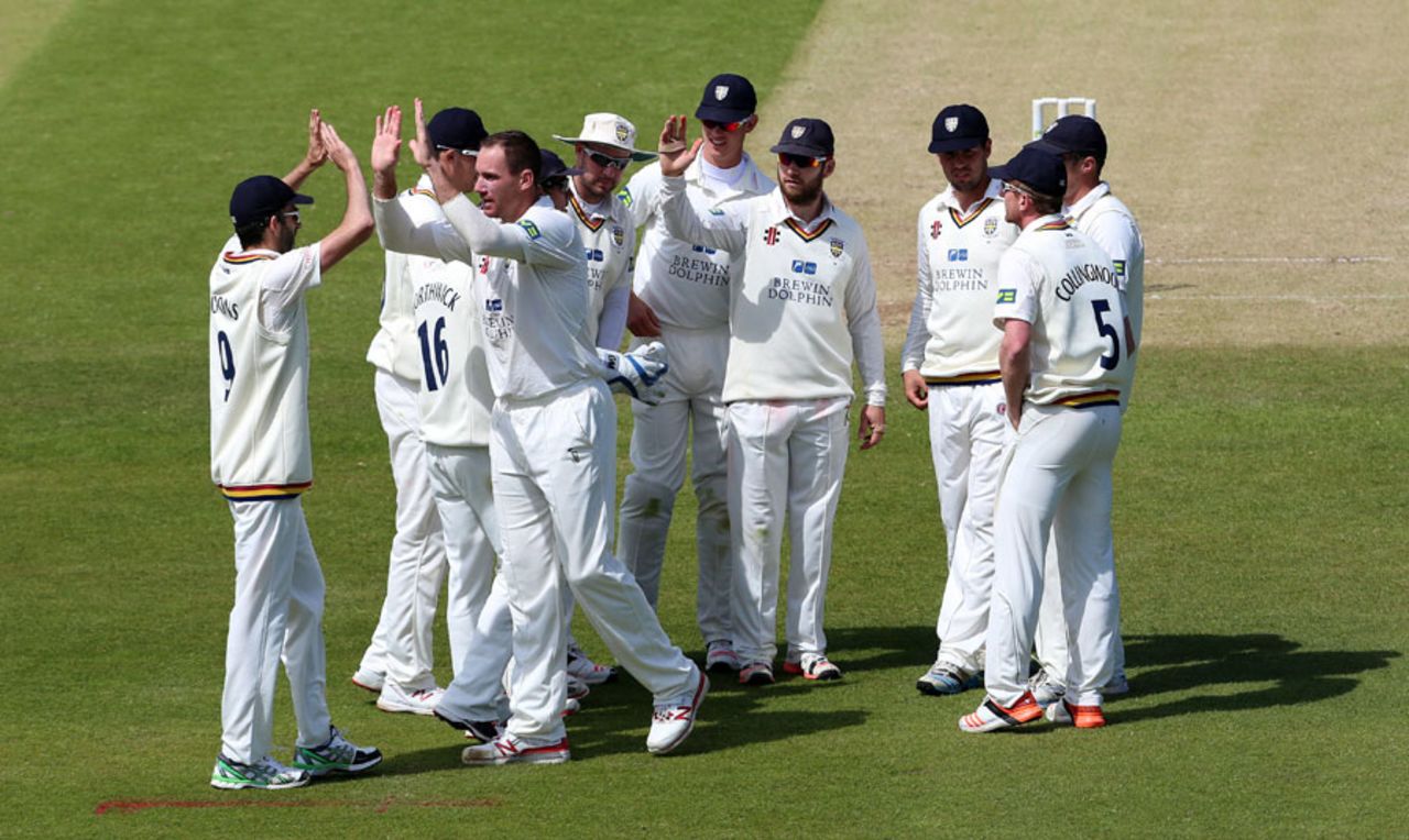 John Hastings celebrates the wicket of Jim Allenby, Durham v Somerset, County Championship, Division One, Chester-le-Street, 3rd day, June 9, 2015