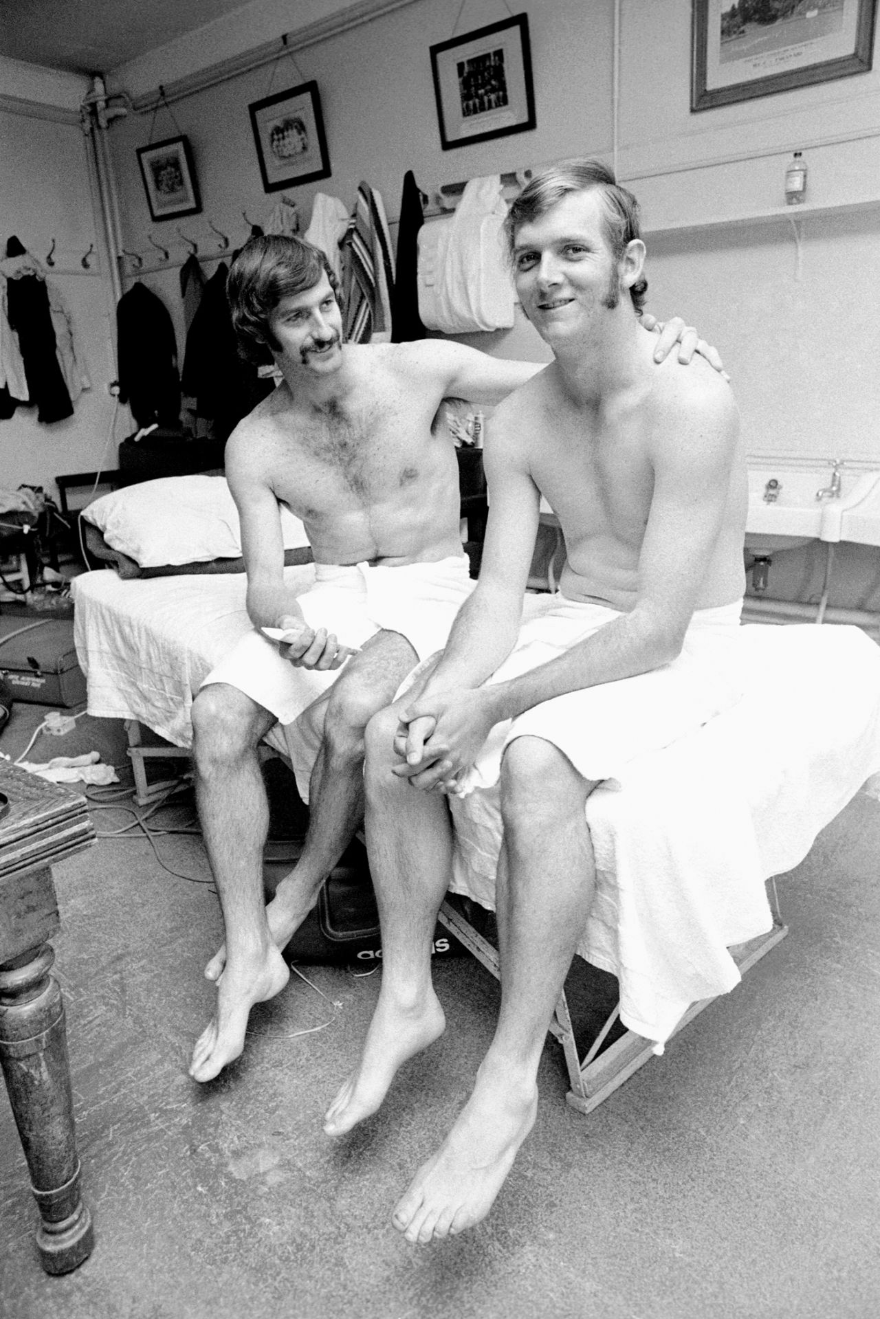 Dennis Lillee and Bob Massie relax in the dressing room, England v Australia, Lord's, June 1972