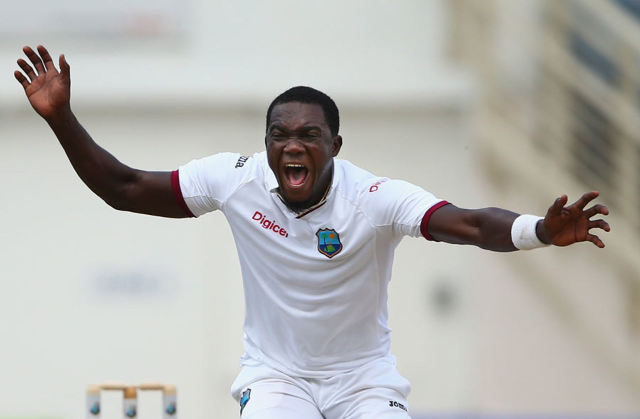 Jerome Taylor appeals successfully for the wicket of Shaun Marsh, West Indies v Australia, 2nd Test, 1st day, Kingston, June 11, 2015