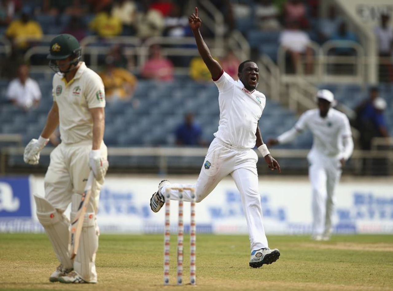 Jerome Taylor celebrates after getting rid of Adam Voges, West Indies v Australia, 2nd Test, 1st day, Kingston, June 11, 2015