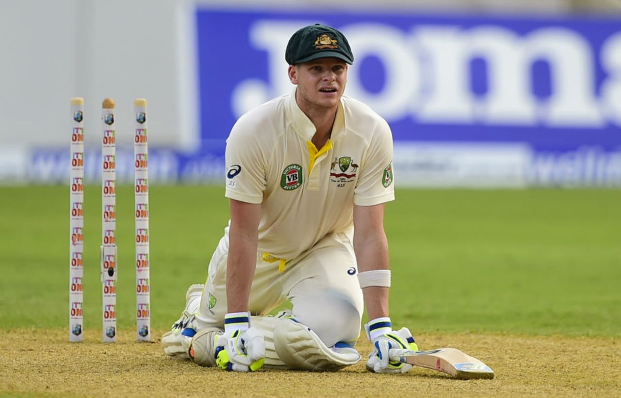 Steven Smith falls over while attempting to play a shot, West Indies v Australia, 2nd Test, 1st day, Kingston, June 11, 2015