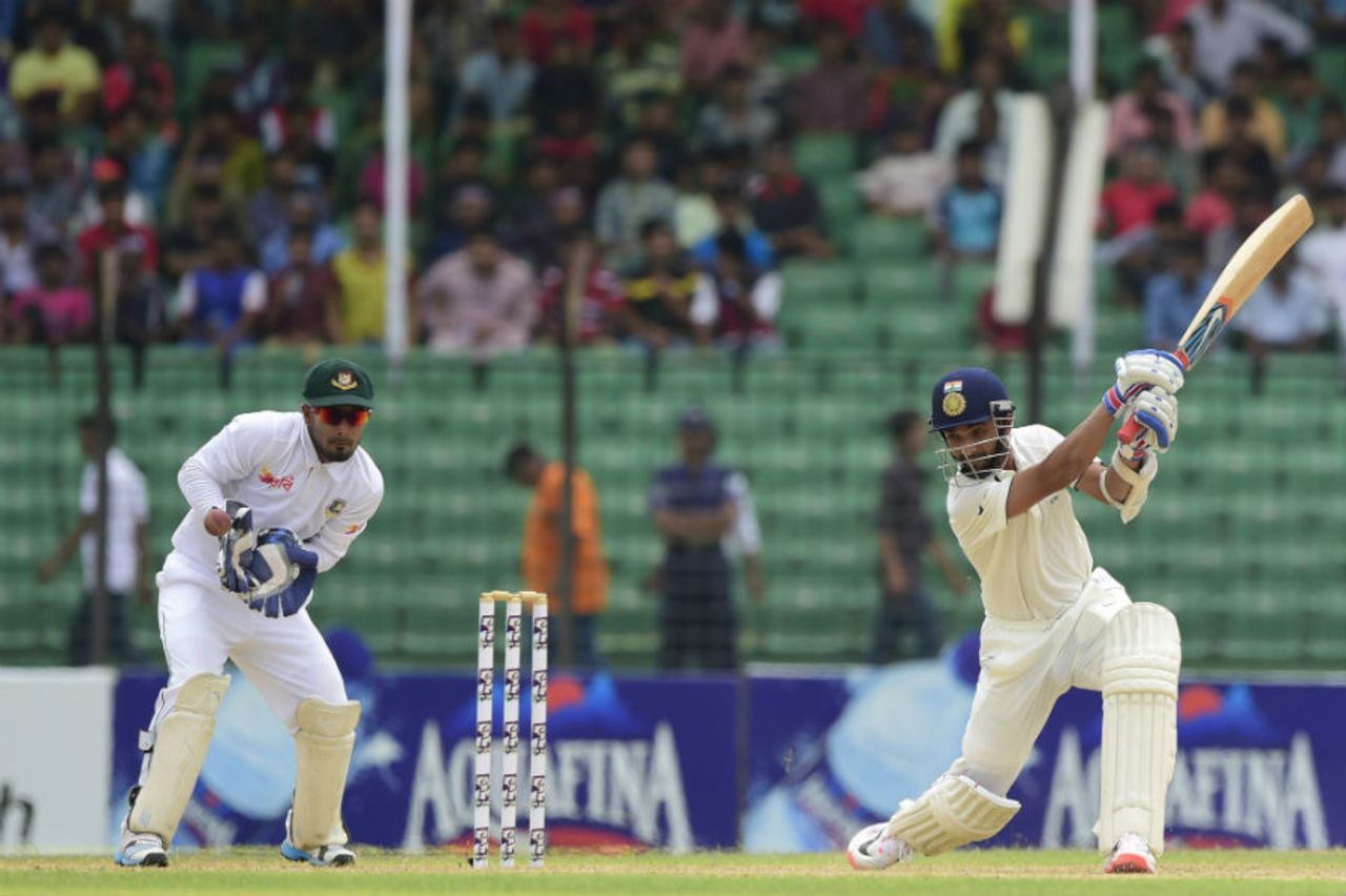 Ajinkya Rahane hits through cover, Bangladesh v India, only Test, 3rd day, Fatullah, June 12, 2015