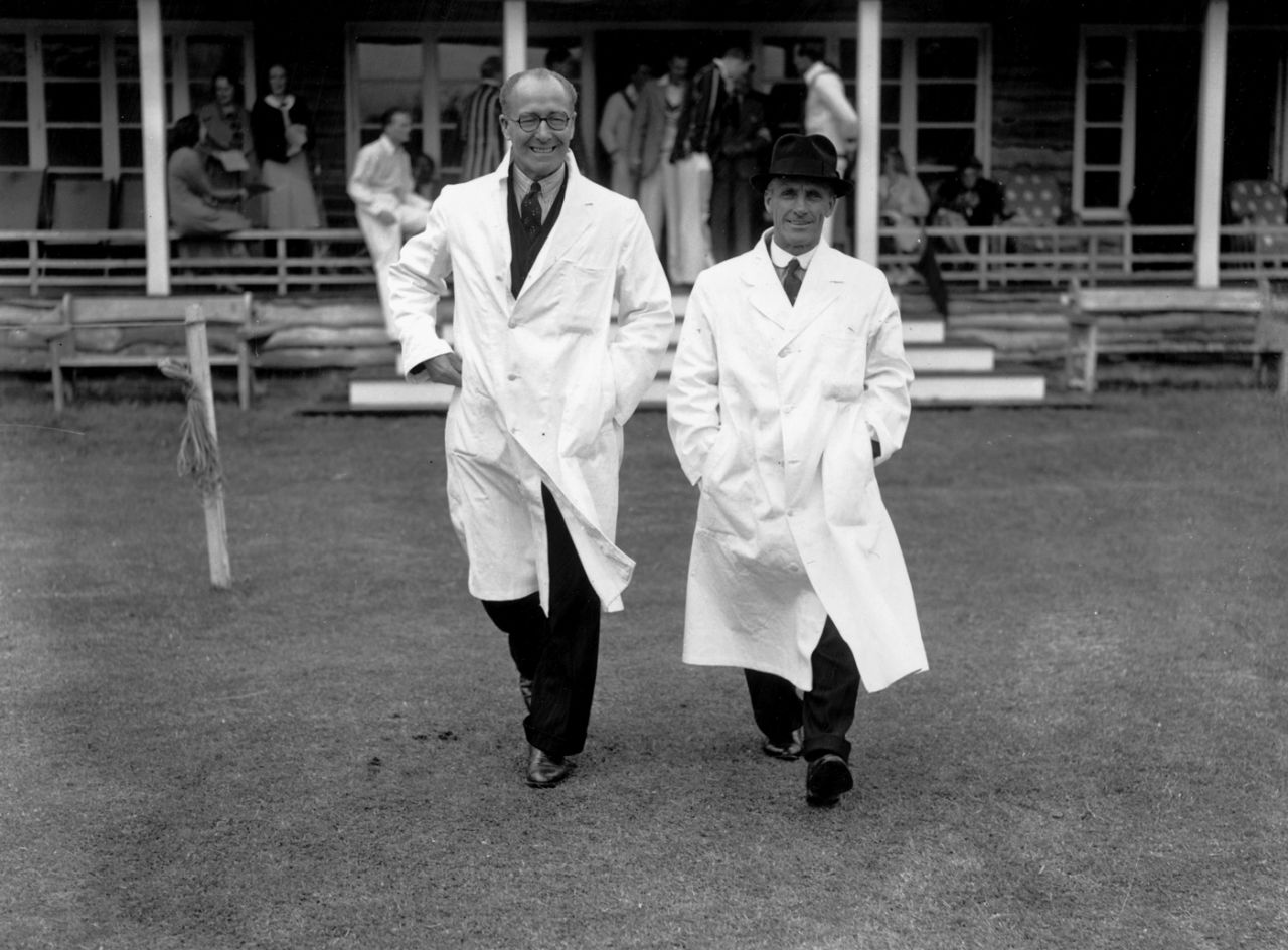 Umpires Andy Ducat and Bert Strudwick stride out for a charity match, Rudgwick, June 19, 1939