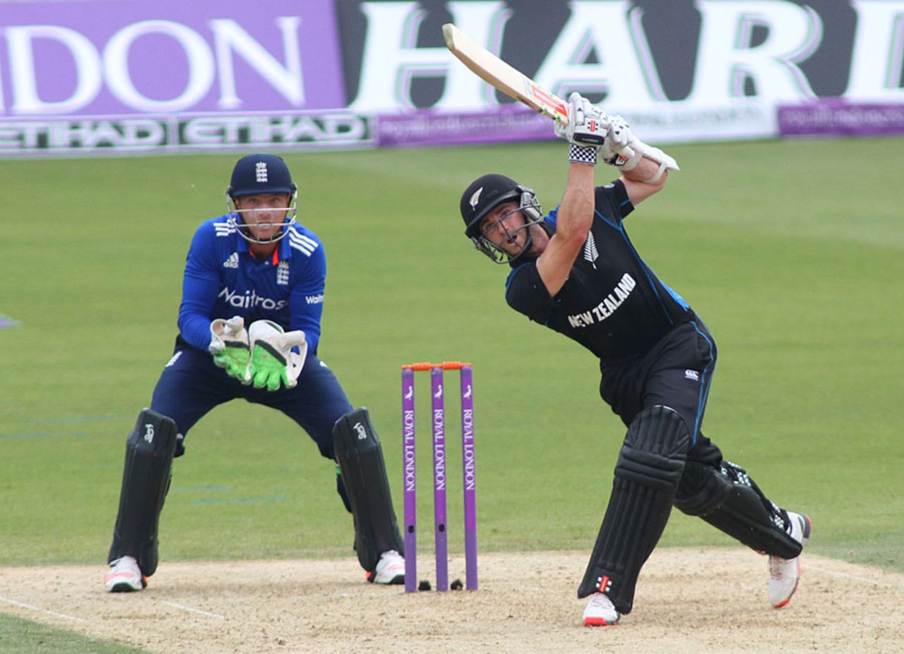 Kane Williamson uses his feet and goes over the off side, England v New Zealand, 2nd ODI, Kia Oval, June 12, 2015