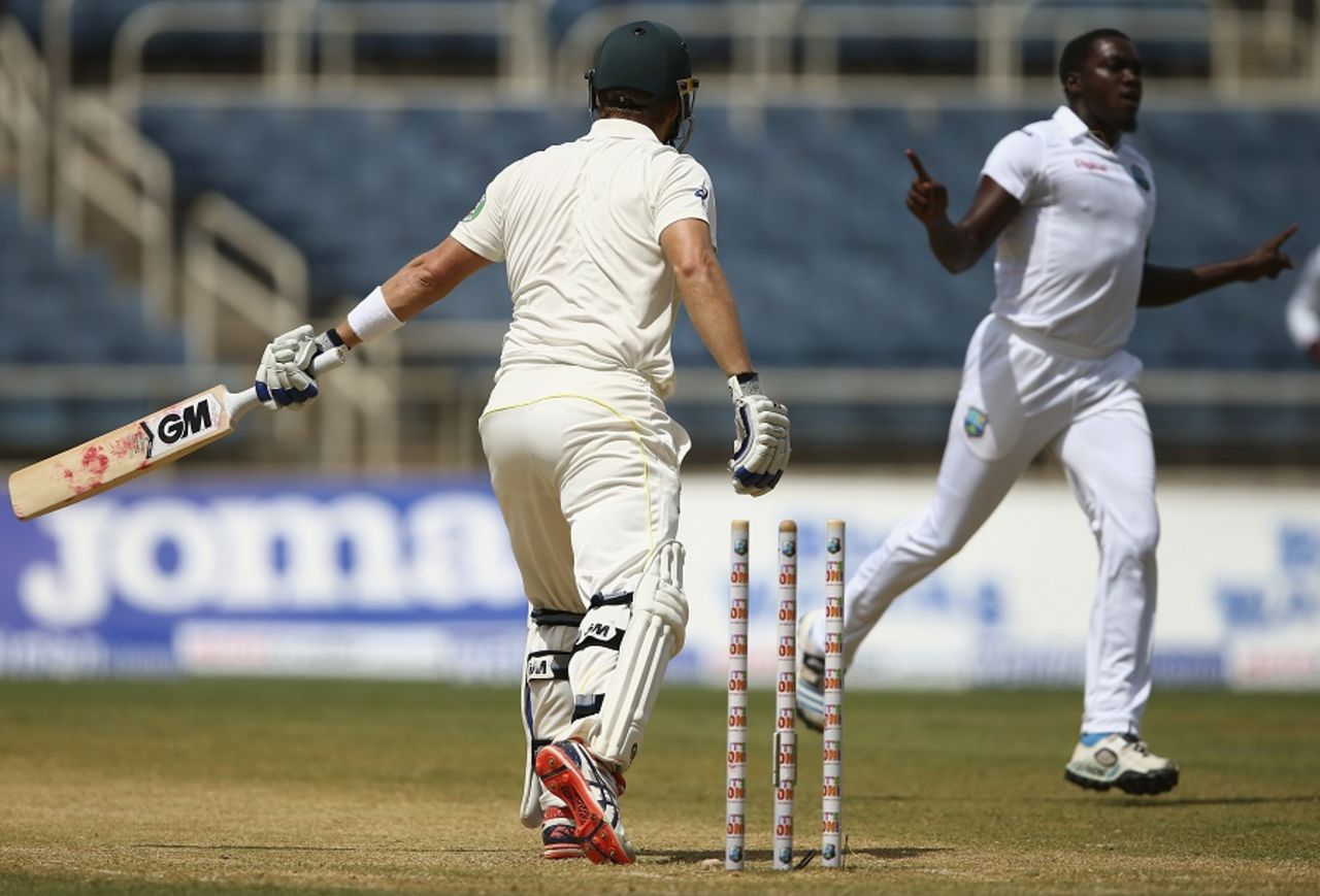 Jerome Taylor bowled Shane Watson for 25, West Indies v Australia, 2nd Test, 2nd day, Kingston, June 12, 2015