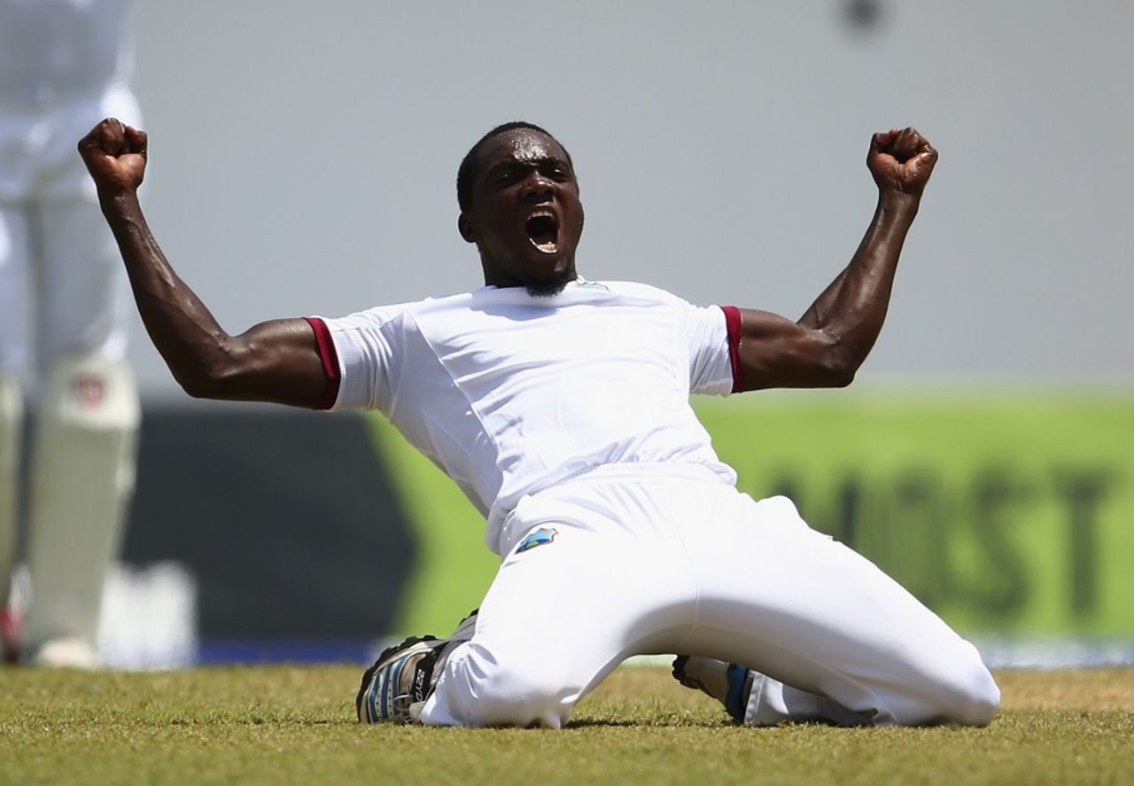 Jerome Taylor is over the moon after dismissing Steven Smith, West Indies v Australia, 2nd Test, 2nd day, Kingston, June 12, 2015