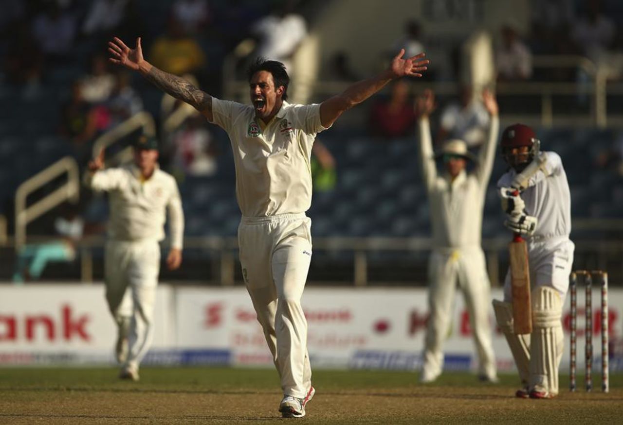 Mitchell Johnson appeals for the wicket of Veerasammy Permaul, West Indies v Australia, 2nd Test, 2nd day, Kingston, June 12, 2015