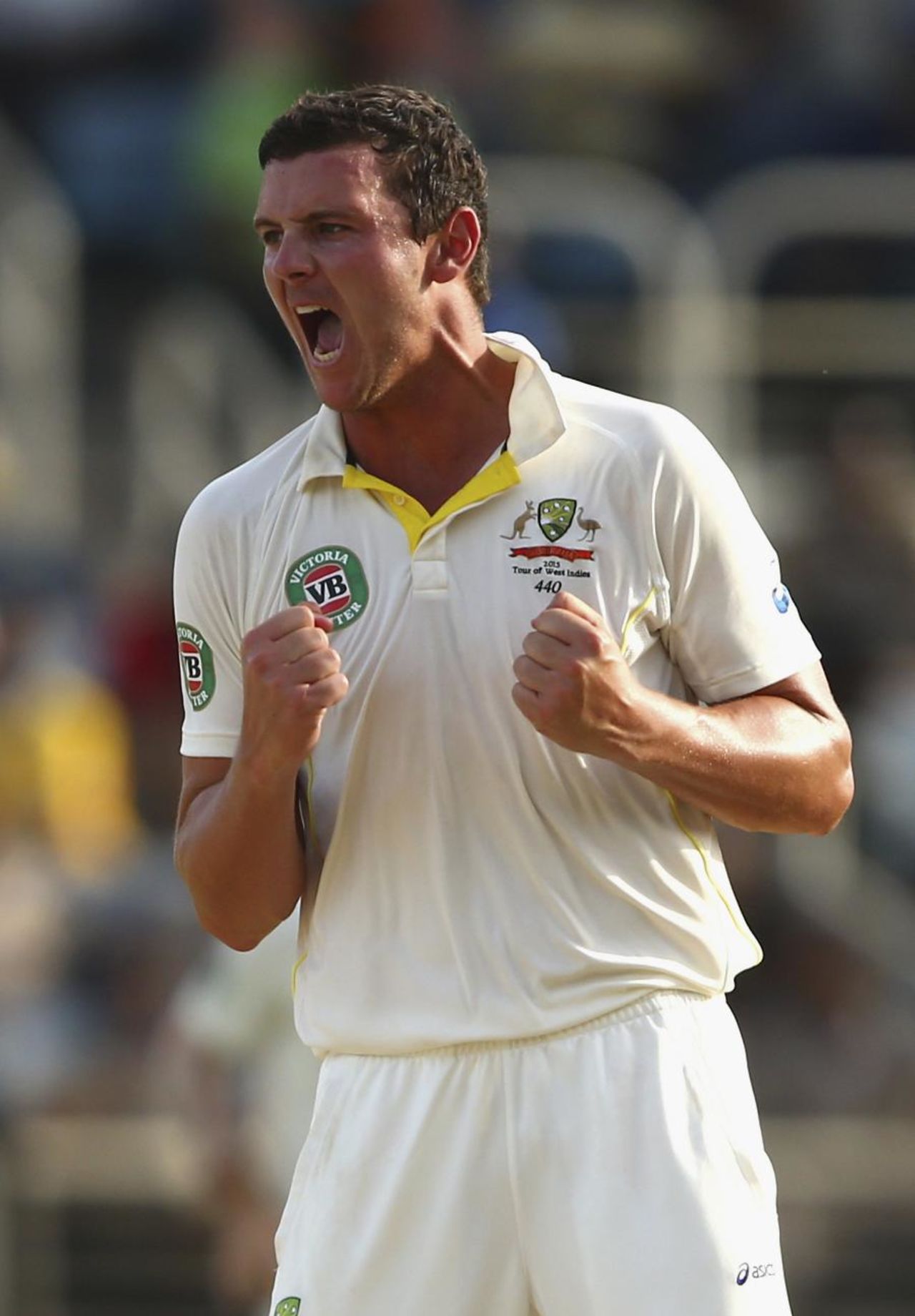 Josh Hazlewood celebrates a wicket, West Indies v Australia, 2nd Test, 2nd day, Kingston, June 12, 2015