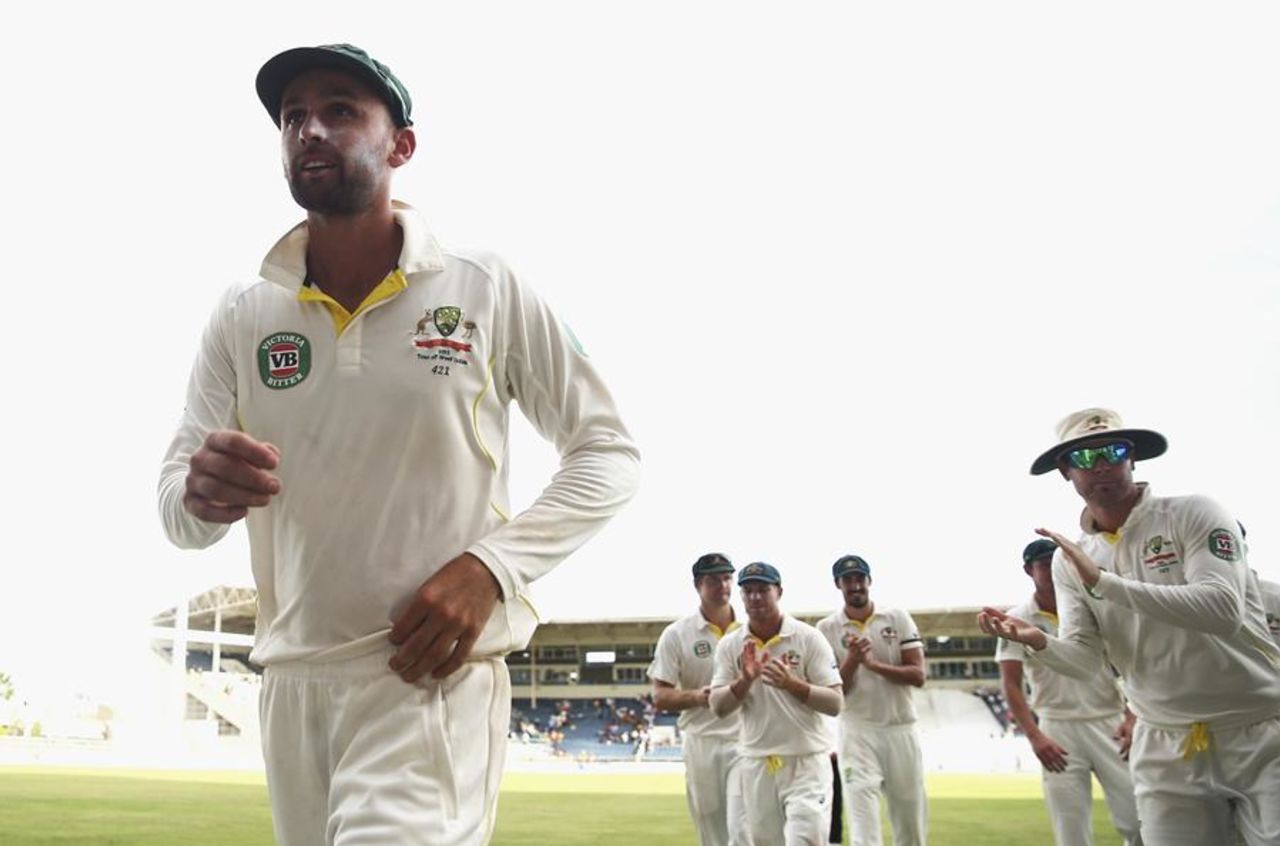 Nathan Lyon leads the Australians off the field, West Indies v Australia, 2nd Test, 2nd day, Kingston, June 12, 2015