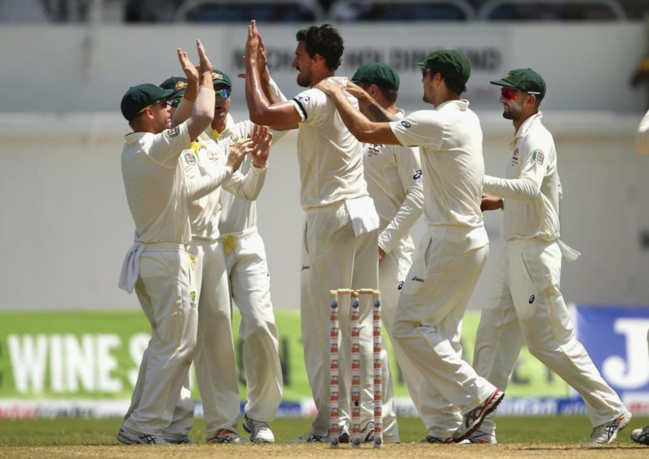 Mitchell Starc celebrates the wicket of Rajendra Chandrika, West Indies v Australia, 2nd Test, 2nd day, Kingston, June 12, 2015