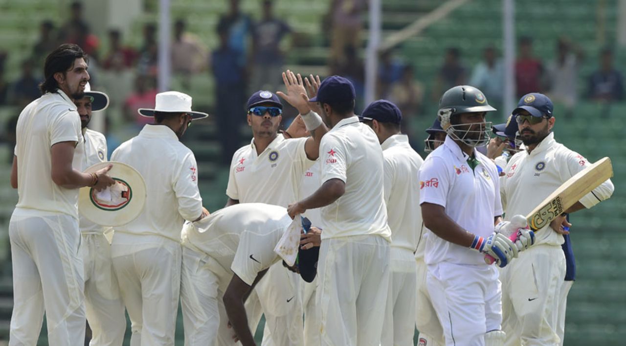 Indian players celebrate the dismissal of Tamim Iqbal, Bangladesh v India, only Test, Fatullah, 4th day, June 13, 2015