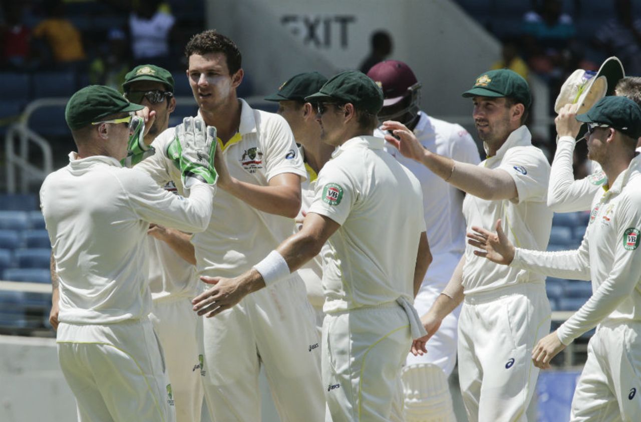Josh Hazlewood is mobbed by his team-mates, West Indies v Australia, 2nd Test, Kingston, 3rd day, June 13, 2015