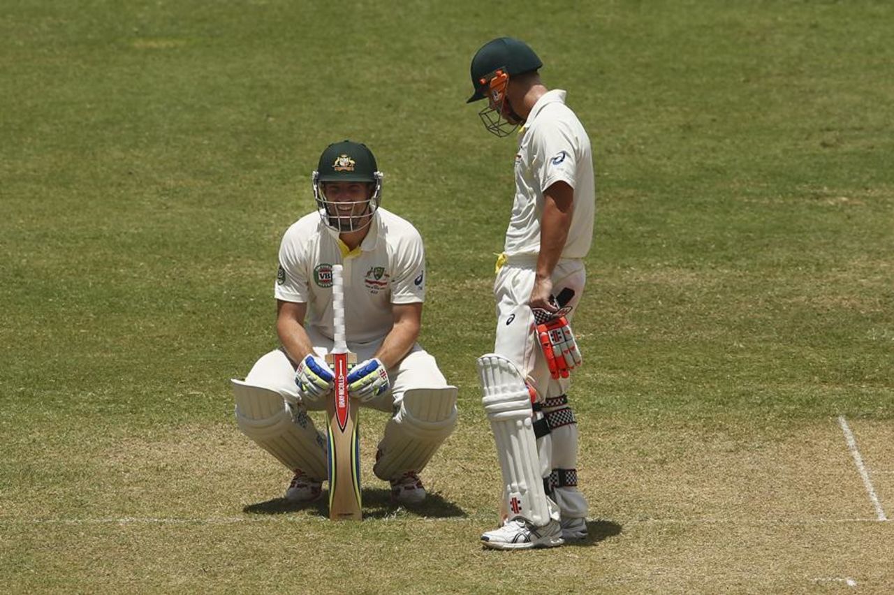 David Warner watches on as Shaun Marsh recovers from being struck, West Indies v Australia, 2nd Test, Kingston, 3rd day, June 13, 2015
