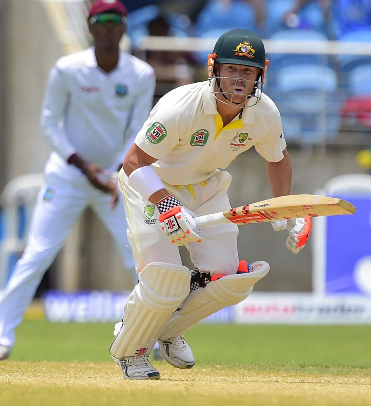 David Warner considers taking off for a run, West Indies v Australia, 2nd Test, Kingston, 3rd day, June 13, 2015