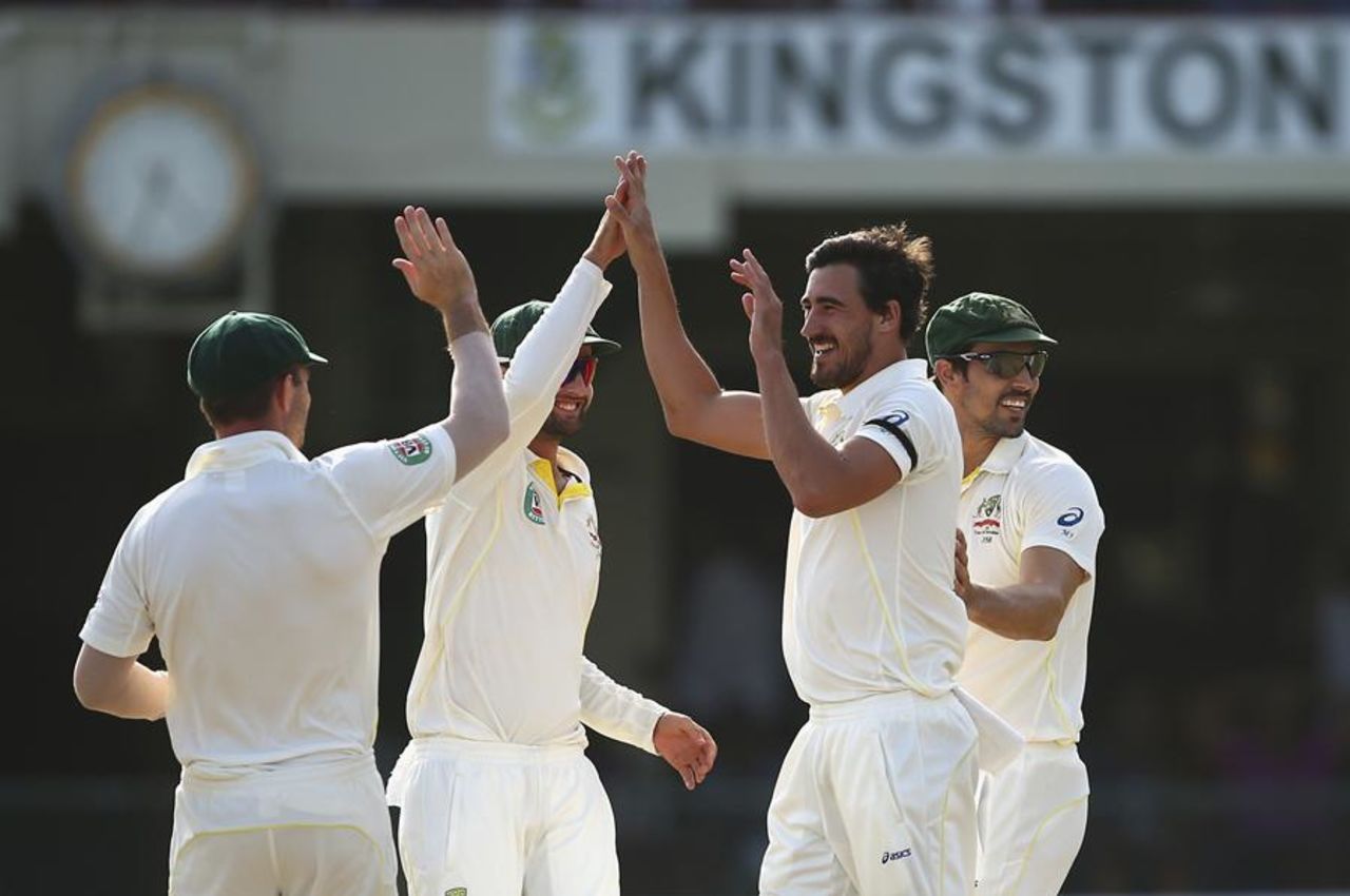 Mitchell Starc struck twice in the first over of the chase, West Indies v Australia, 2nd Test, Kingston, 3rd day, June 13, 2015